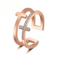 1pc 18K Gold Plated Double Layer Rhinestone Cross Ring, Smooth Open Band Style Suitable For Women Party Wear, Girlfriend Gift