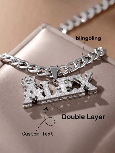 1pc Customized Name: Double Layer Frosted Necklace - Stainless Steel Gold Color Hip Hop 3D Shiny Pendant, Suitable For Boys, Fathers, Couples (Father's Day, Graduation, Mother's Day), Party Accessories, Hip Hop Style, Exquisite Workmanship, Couple Jewelry, Fashion Accessories, Durable Jewelry, Fashion Jewelry, Graduation Gift
