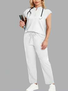 cimmuovere Conjunto de uniforme de top holgado sin mangas de cuello alto y pantalones con múltiples bolsillos prácticos para tallas grandes - Blanco - Ver 5