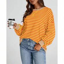 Womens Oversized Striped Sweatshirt Crewneck Long Sleeve Pullover Top Casual Y2K Spring Clothes 2026 Workout Shirt,Vacation Outfits Women,Valentine Outfits For Women,Street Photography - Yellow Orange - 查看 7