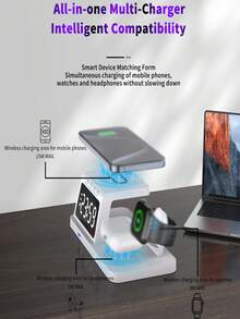 15W Multi-Function Fast Wireless Charger, Supports Wireless Charging For Phones, Clocks, Alarms, Watches (Compatible With Watch SE/6/5/4/3/2 Only, Other Watches Not Supported), Earphones (Only Original Apple 2/ Pro Supported, Replicas Not Supported) Home Decor Room Decor