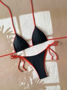 2pcs/Set Women Leopard Print Spaghetti Strap Tie Sexy Bikini Set, Suitable For Beach Vacation And Halloween Wear, Summer 2025 - Black and Red Brocade - View 2