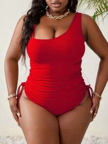 Slaydiva Đồ bơi một mảnh cổ bất đối xứng cỡ lớn cho nữ, mặc thường ngày giúp thon gọn - Đỏ - Xem 2
