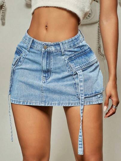 Y2K Streetwear Style Bodycon Mini Skirt, Featuring Tape Graphic, Vintage Washed Flap Pockets, Casual Comfortable Summer Vacation Utility Denim Mini Skirt, For Women