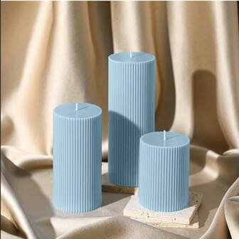 1pc Ribbed Pillar Candle Set (1pc), 3 Inch Wide, 1.97 Inch, 3.94 Inch, 5.91 Inch, 7.87 Inch Tall, Large Soy Wax Scented Pillar Candle, Elegant Ribbed Modern Home Decor, Suitable For Bathroom, Living Room (Light Blue)