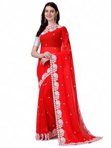 Women's Georgette Embroidery Border Work Designer Saree With Blouse Piece(Red) - Red - View 5