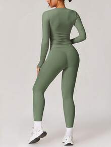 NcmRyu 1件装女士弹力舞蹈健身瑜伽服，户外运动套装（春季款） - 橄欖綠 - 查看 8