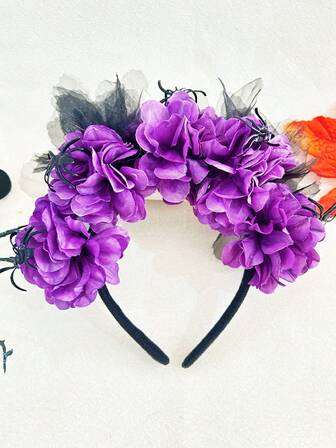 1pc Women's Halloween Purple & Orange Hydrangea Spider Black Mesh Flower Headband, Day Of The Dead Decor