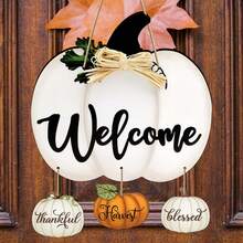 Cartel de bienvenida con calabaza blanca y adornos colgantes de cosecha agradecida, perfecto para la decoración del hogar de otoño, Halloween y estilo de granja, decoración de pared y puerta