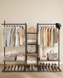 SONGMICS HOME Clothes Rail, Clothes Rack With Shoe Shelf, Heavy-Duty Storage Rack, 6 Storage Shelves, 2 Hanging Rails, Matchstick-Shaped Hooks, Natural Walnut And Ink Black - Black - View 3