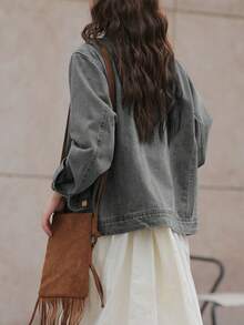 休闲洗水破洞牛仔夹克，适合春秋季节 - 灰色 - 查看 2