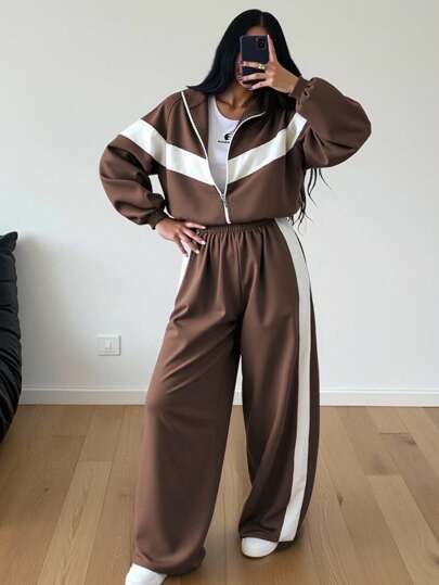 2pcs Color Block Patchwork Casual Elegant Zip-Up Hoodie Set, Suitable For Sports, Home, Office, Street Wear In Spring, Autumn And Winter. Loose Fit Long Sleeve Women Sweatshirt For Casual, Graduation, Back To School, Female Teacher Outfit