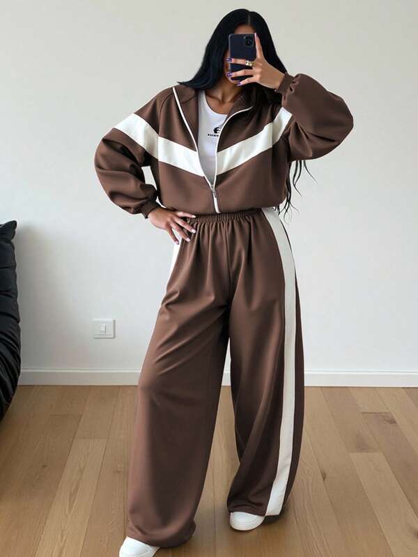 2 pièces Ensemble de sweat-shirt à capuche zippé élégant et décontracté avec patchwork bicolore, convient pour les sports, la maison, le bureau, les tenues de rue au printemps, en automne et en hiver. Sweat-shirt-shirt ample à manches longues pour femmes, décontracté, remise des diplômes, rentrée scolaire, tenue d'enseignante