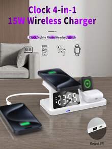 15W Multi-Function Fast Wireless Charger, Supports Wireless Charging For Phones, Clocks, Alarms, Watches (Compatible With Watch SE/6/5/4/3/2 Only, Other Watches Not Supported), Earphones (Only Original Apple 2/ Pro Supported, Replicas Not Supported) Home Decor Room Decor