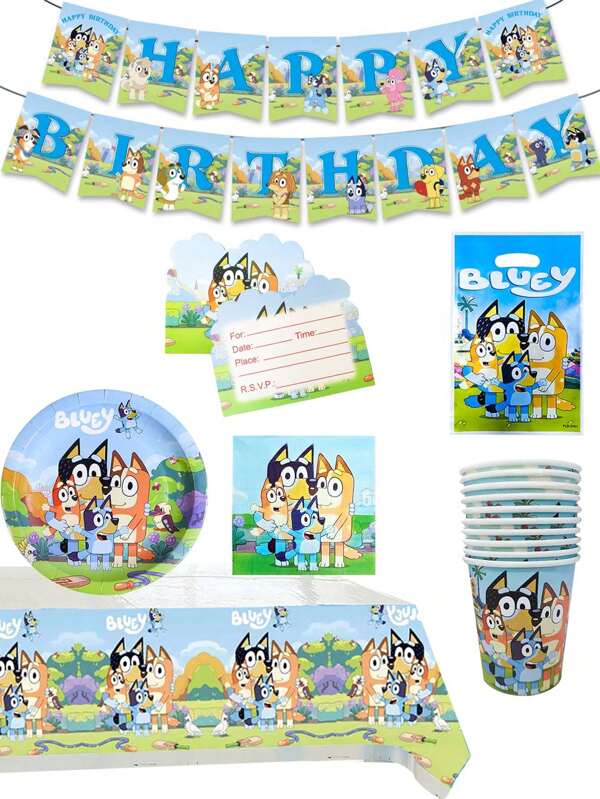 Bluey Conjunto de suprimentos para festa Bluey 1/10/20/42 peças, decoração, sacola de presente, toalha de mesa, prato de lenços, adequado para aniversário, casamento, aniversário, cerimônia de formatura, dia de Natal