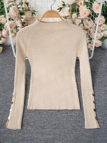 女式卡其色高领毛衣，针织套头衫，带金属纽扣装饰，温暖的分层毛衣，适合通勤和日常穿着，秋冬 - 卡其色 - 查看 3
