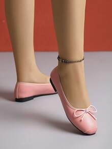 European & American Fashion Solid Color Ballet Bowknot Flat Shoes, Outdoor Spring/Autumn Ladies Flat Slip-On Soft Leather Shoes