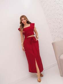 YING ZI Women's Cropped Set And Tailored Skirt By Marrant Claire De Lune Mode - Gỗ đỏ - Xem 3