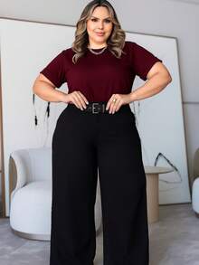 BASIC CREW NECK PLUS SIZE BLOUSE - 紫紅色 - 查看 1