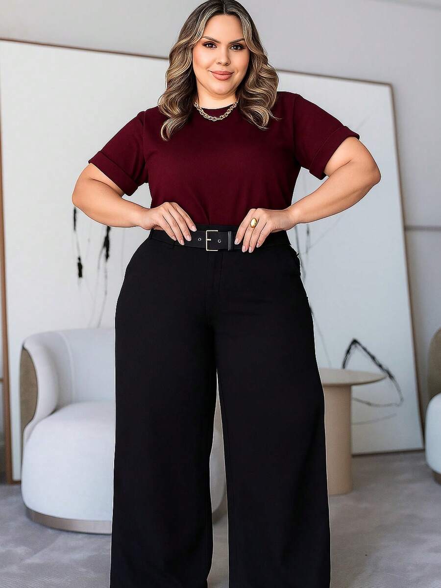 BASIC CREW NECK PLUS SIZE BLOUSE - 紫紅色 - 查看 1