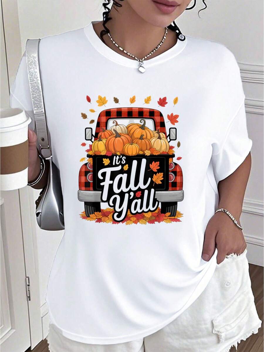 It's Fall Y'all Pumpkin Truck Autumn Tree Hello Fall Gifts-Shirt         Art Graphic Tees  Crop Tops Summer Outfits Women's-Shirt Summer Tops -Shirt