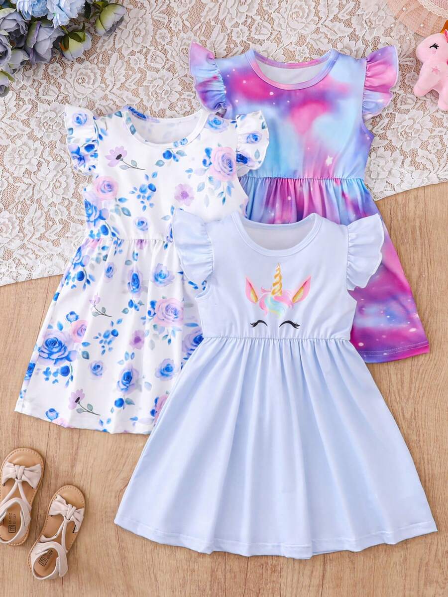 Chatreadl Bộ 3 váy tay bồng bềnh họa tiết ngựa con và hoa dễ thương cho bé gái, chất liệu vải lụa sữa mềm mại, thời trang xuân/hè, dành cho các bé gái - Nhiều màu - Xem 1