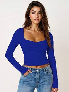 Blusa Escote Corazón Blusa Ajustada Elegante Tela Suave Elástica Ideal Para Salida o Cita Fucsia Moda Mujer. - Azul rey - Ver 3