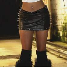 Edgy Studded Punk Mini Skirt - Sexy Faux Leather High Waist Bodycon Skirt