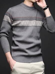 Men's Thick V-Neck Jacquard Sweater, Casual Business Commute Long Sleeve Pullover, Suitable For Layering Or Outerwear, Autumn/Winter - Light Grey - View 6
