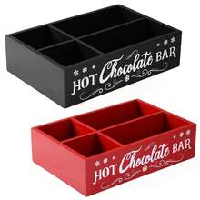 1PC Hot Cocoa Bar Wood Station Organizer Countertop With 4 Compartment Cocoa Decorative Storage Bins Vintage Open Holder Box For Xmas Holiday Gift Party Home Supplies (Black And Red Available )