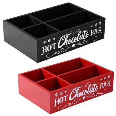 1PC Hot Cocoa Bar Wood Station Organizer Countertop With 4 Compartment Cocoa Decorative Storage Bins Vintage Open Holder Box For Xmas Holiday Gift Party Home Supplies (Black And Red Available )