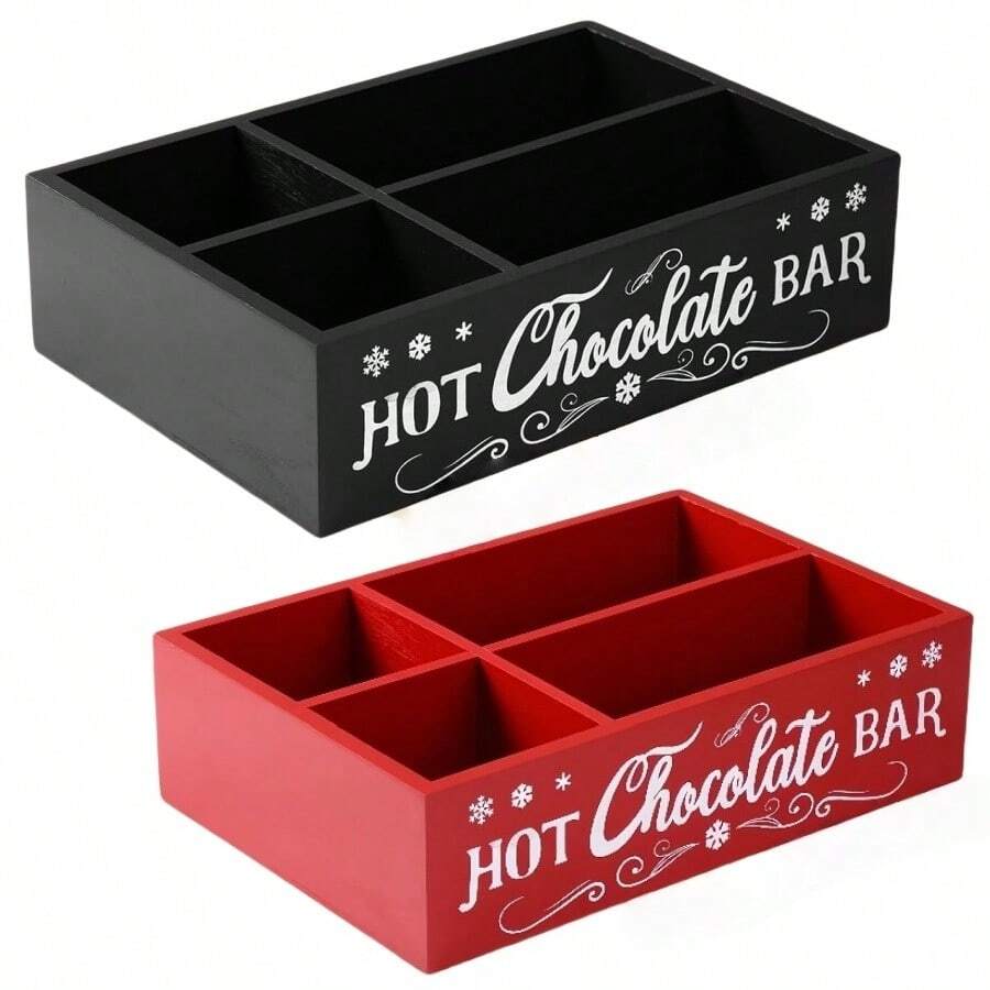 1PC Hot Cocoa Bar Wood Station Organizer Countertop With 4 Compartment Cocoa Decorative Storage Bins Vintage Open Holder Box For Xmas Holiday Gift Party Home Supplies (Black And Red Available )
