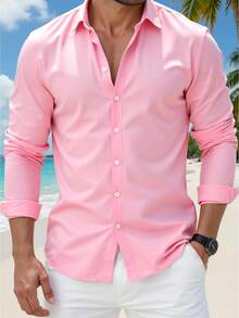 Men's Fashionable Mature Pink Long Sleeve Shirt, Lightweight Four-Way Stretch Fabric Suitable For Vacation, Daily Wear, Travel, All Seasons - Pink - View 3