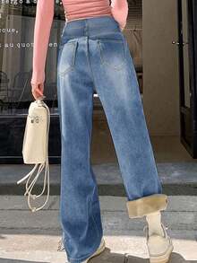 街头风直筒斜插口袋加厚牛仔保暖低腰牛仔裤，秋冬保暖裤，Y2K音乐节必备 - 深藍色 - 查看 2