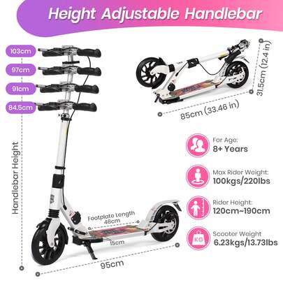 Foldable Kick Scooter For Teens & Adults, 200mm Big Wheels, Disc Brake & Dual Shock Absorption With Carry Strap, Portable Scooter For Outdoor Travel,White