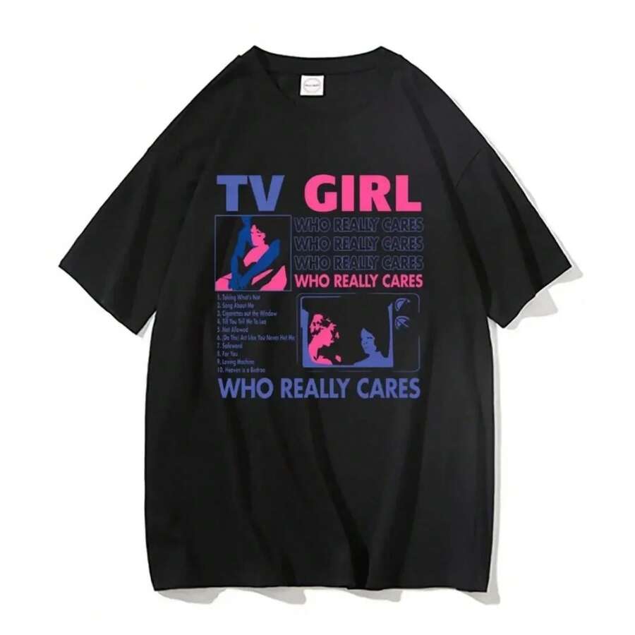 Tv Girl Lovers Rock Song Print T-Shirt Men Women Cotton Hip Hop Oversized Tshirt Short Sleeve T Shirt Streetwear Tops Tee - 黑色 - 查看 1