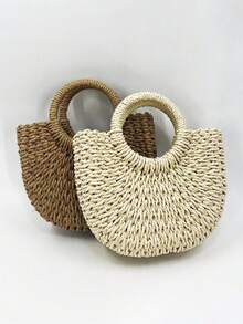 1个手工编织包，复古草编包，纸绳包，半圆形休闲手提包，沙滩包，街头风女士手提包，购物篮包，多功能沙滩度假包 - 彩色 - 查看 3