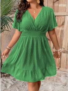 Duna Popcorn Plus Size Batwing Sleeve V-Neck Wrap Dress - 綠旗 - 查看 2