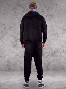 LoveMyFashions Men's 2pcs Set Tracksuit Full Sleeve Solid Color Drawstring Waist Zip Up Hoodie & Sweatpants Two Pieces Set With Pockets - Black/Blue - View 5