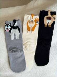 3双装女士新款卡通3D狗狗图案趣味可爱透气舒适中筒袜 - 彩色 - 查看 4