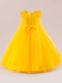 Girls Elegant Lace Princess Dress, Children's Multilayer Tulle Bowknot Party Dress, Girls Birthday Party, Wedding, Piano Recital Formal Gown With Shawl, Long Tie Back Butterfly Dress - Yellow - View 6