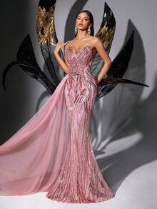 仙女风粉色亮片无肩带系带礼服裙，适合毕业舞会、晚宴、订婚派对、情人节婚礼等场合。 - 粉色 - 查看 5