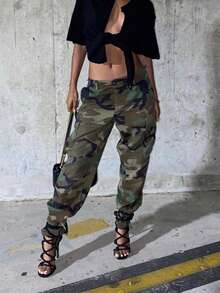 Chicsale Women's Camo Utility Pants - Military To Meeting Trousers | Elegant Straight Leg Tactical Design | Street Chic Combat Pants - 軍綠色 - 查看 2