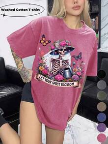 Women's Washed Cotton T-Shirt Snarky Skeleton Painted Design Soft And Breathable Fabric, Machine Washable Spring And Summer Daily Stylish Tops The Best Gift For A Friend