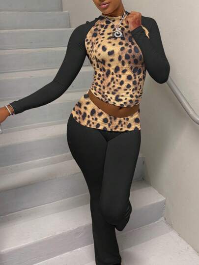 LovelyWholesale Women's Casual Round Neck Leopard Print Long Sleeve Fall Outfits For Women T-Shirt Waist Lapel Splicing Pants Two Pieces Set Autumn Clothing For Women