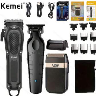  Set de aseo KEMEI KM-2024, KM-2299 y KM-1071 - Afeitadora eléctrica recíproca de ABS recargable por USB, recortadora inalámbrica con batería de 1200mAh de carga rápida y máquina de corte de cabello profesional inalámbrica recargable
