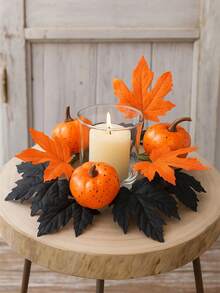 1Pc Halloween Thanksgiving Pumpkin Candle Ring Centerpiece With Autumn Maple Leaves Pinecones Berries Fall Harvest Table Decor Spooky Candle Holder Wreath For Holiday Party Tiered Tray Dining Room Fireplace Mantel Decoration Fall Decor - Multicolor - View 6