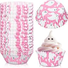 50/100pcs Halloween Pink Ghost Cupcake Liners, Heat-Resistant Cake Cups, Grease-Proof Baking Cups, Cupcake Wrappers For Halloween Party Cakes And Desserts - Pink - View 8