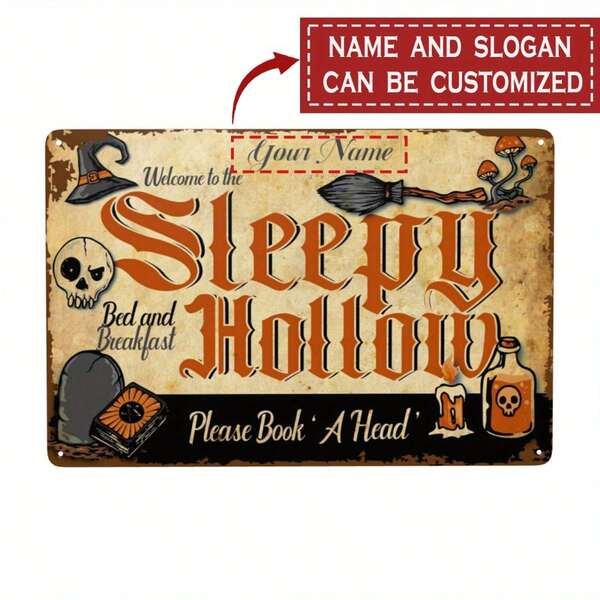 Cartel de pared de metal personalizable para Halloween - Diseño personalizado de calavera, calabaza y sombrero de bruja con texto "Sleep Hole" - 8x12 pulgadas (20x30 cm) - Perfecto para la decoración espeluznante del hogar
