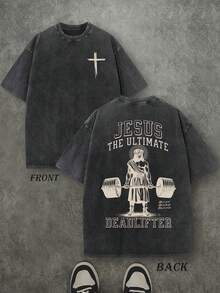 Retro Washed T-Shirt Double Sided Printed (230 Pure Cotton T-Shirt) 'JESUS THE ULTIMATE DEADLIFTER'  Letter Print, Christian Gift, Men's T-Shirt, Men's Casual, Comfortable, Fashionable T-Shirt, Street Style Cotton - màu đen - Xem 1